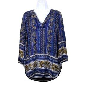 Westport Women's Blouse Blue Tan White Geometric floral relax fit Size M
